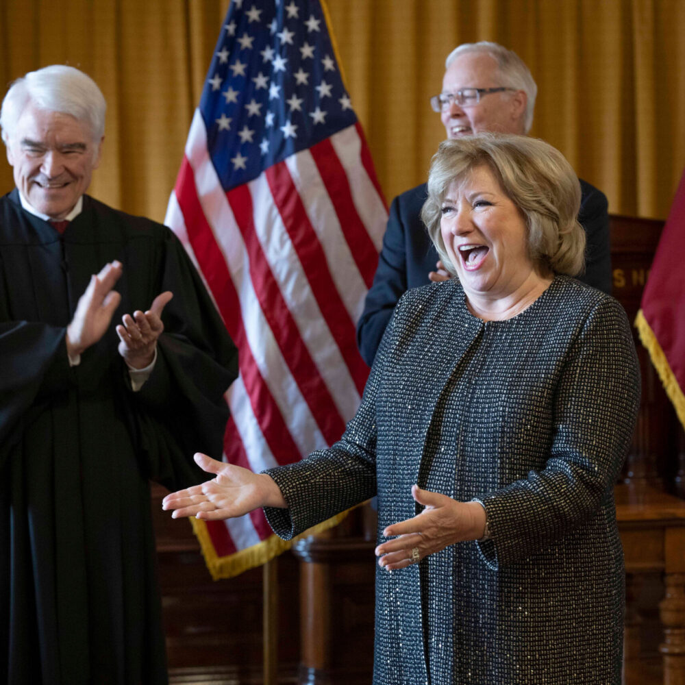 Former Texas Sen. JANE NELSON of Flower Mound is sworn in as the 115th Secretary of State by Chief Justice Nathan Hecht in the Supreme Court room at the Texas Capitol.  Photos ©Bob Daemmrich for Secretary of State's Office.